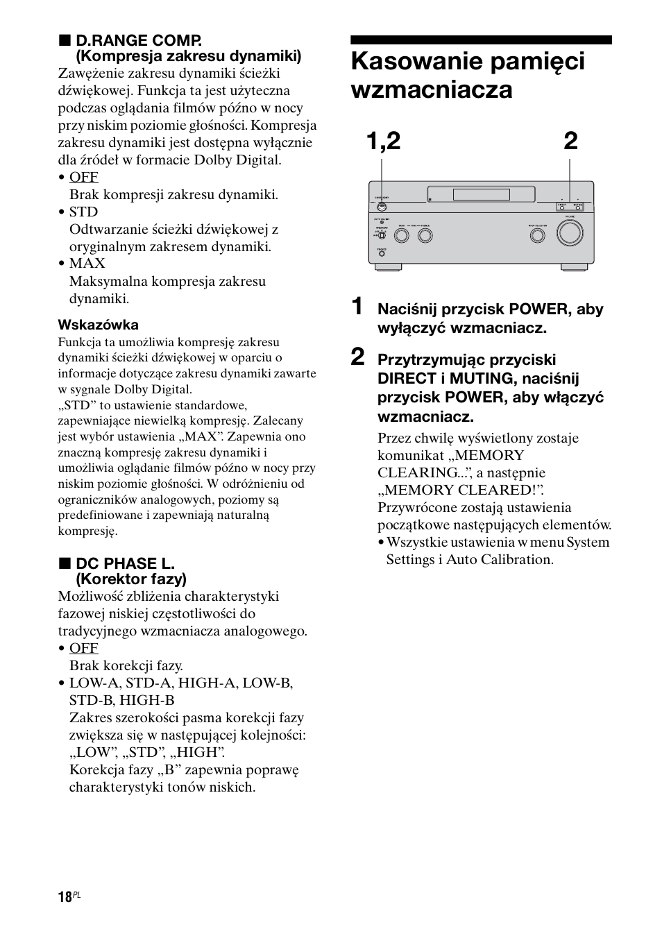 Kasowanie pamięci wzmacniacza, Kasowanie pamięci wzmacniacza 1 | Sony Ericsson TA-FA1200ES User Manual | Page 84 / 91
