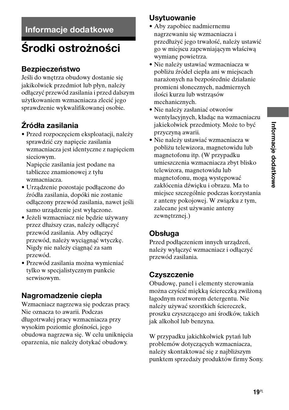 Informacje dodatkowe, Środki ostrożności | Sony Ericsson TA-FA1200ES User Manual | Page 85 / 91