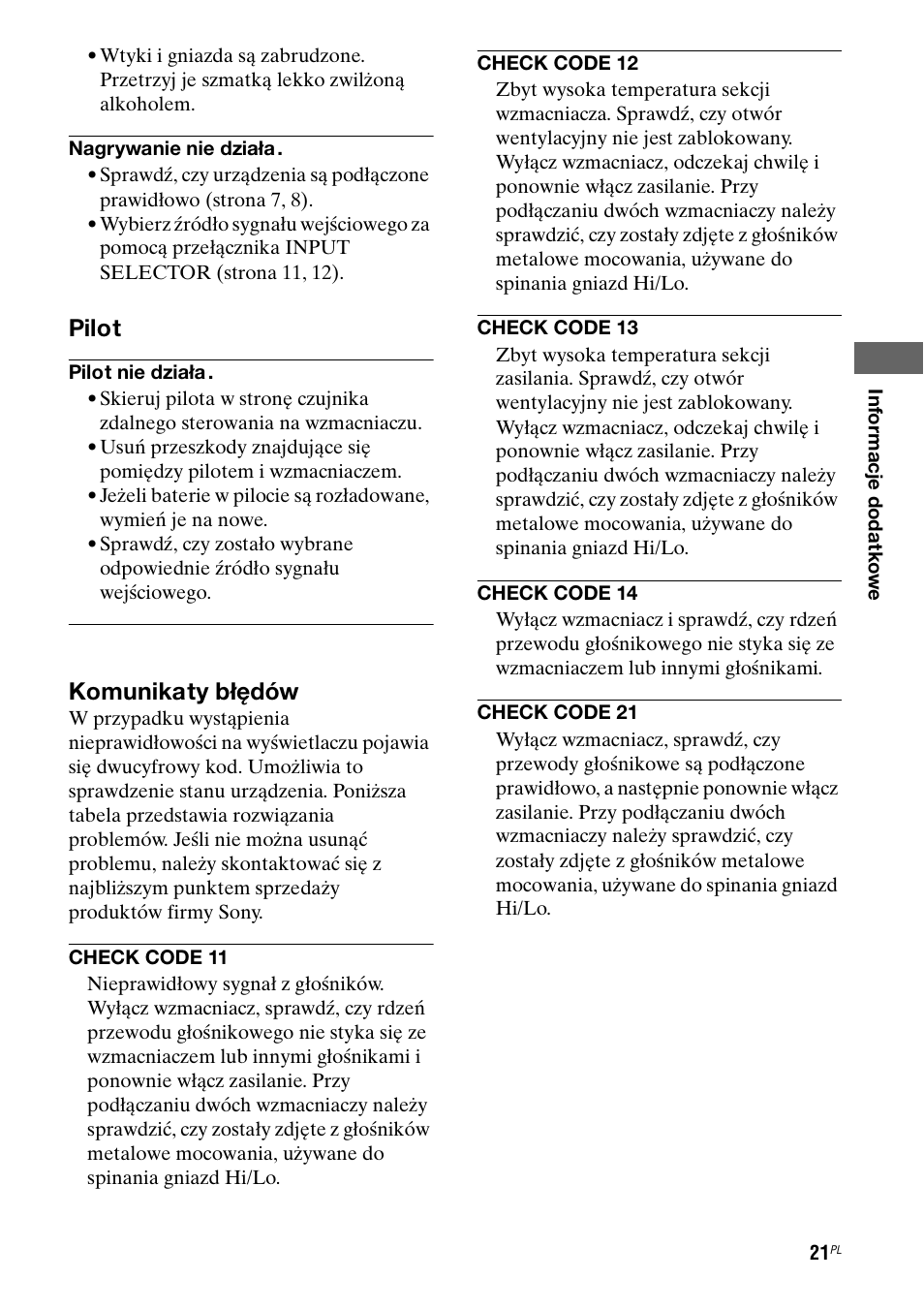 Pilot, Komunikaty błędów | Sony Ericsson TA-FA1200ES User Manual | Page 87 / 91