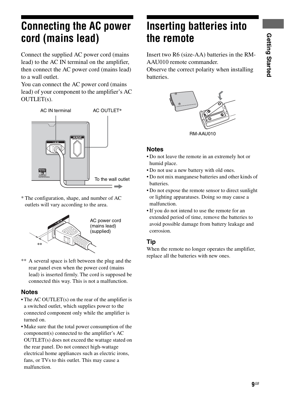 Connecting the ac power cord (mains lead), Inserting batteries into the remote, Connecting the ac power cord | Mains lead) | Sony Ericsson TA-FA1200ES User Manual | Page 9 / 91