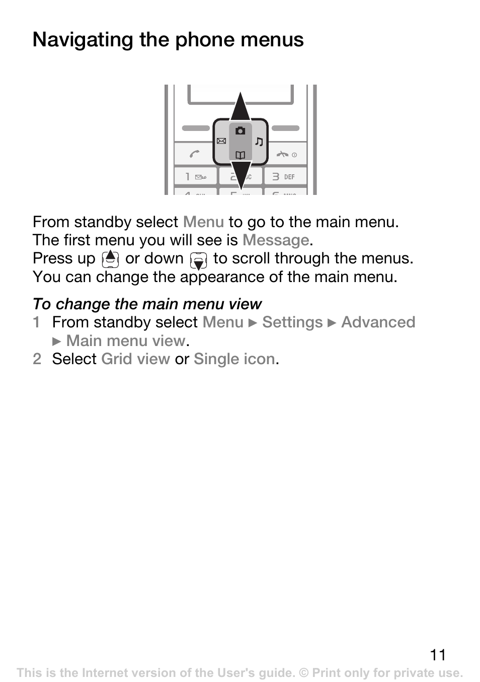 Navigating the phone menus | Sony Ericsson K200i User Manual | Page 11 / 77