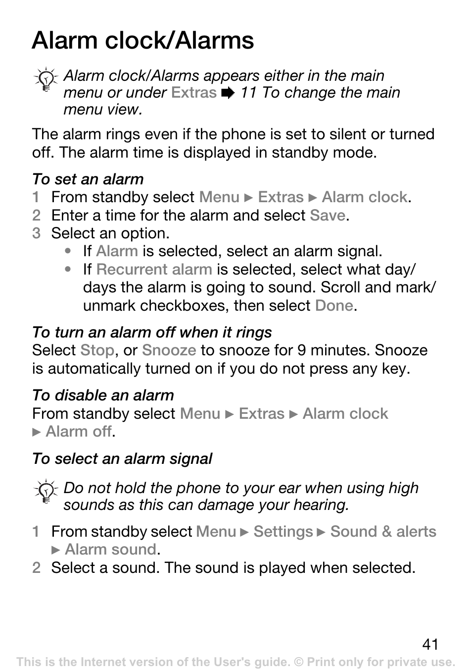 Alarm clock/alarms, 41 alarm clock/alarms | Sony Ericsson K200i User Manual | Page 41 / 77