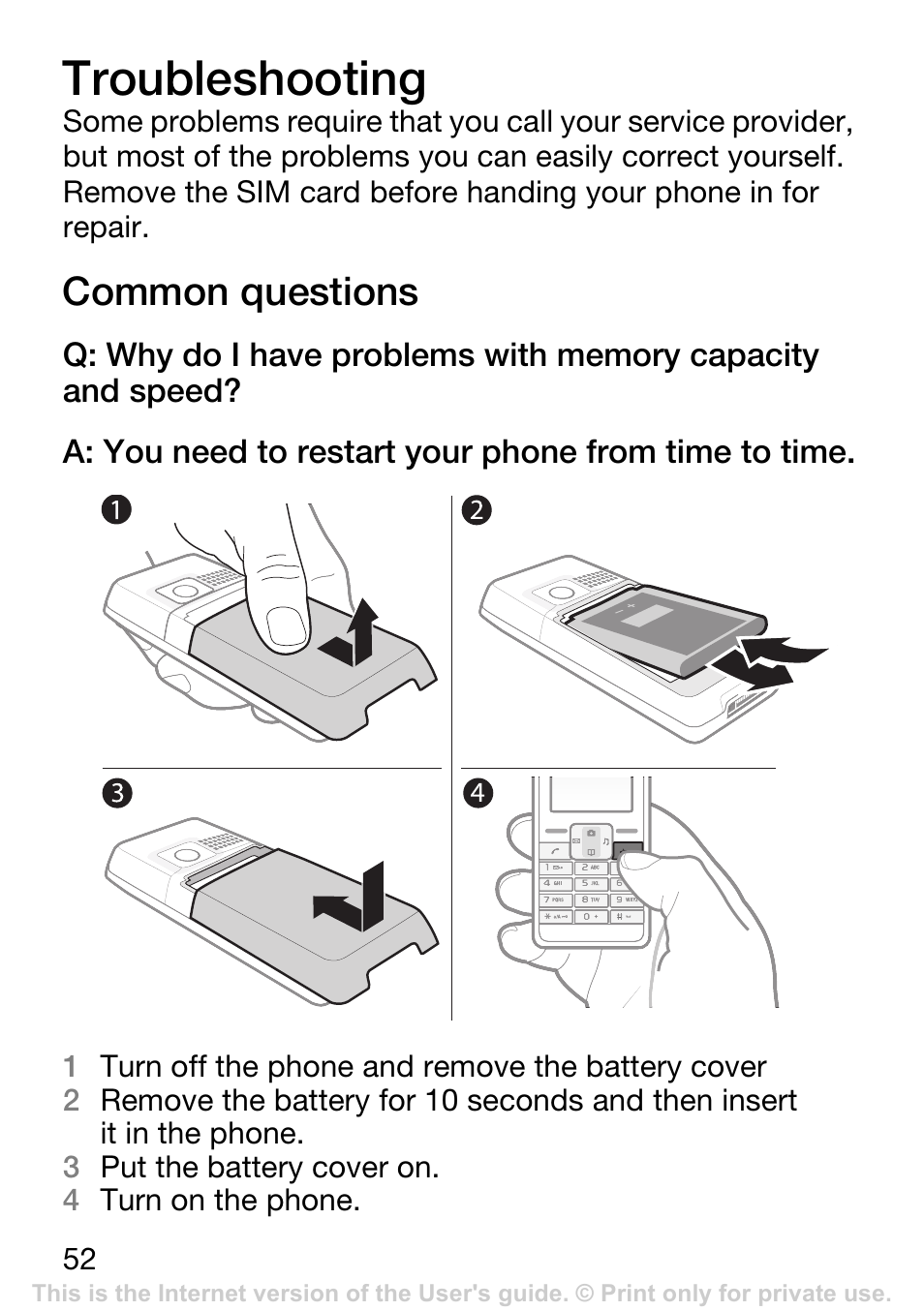 Troubleshooting, Common questions | Sony Ericsson K200i User Manual | Page 52 / 77