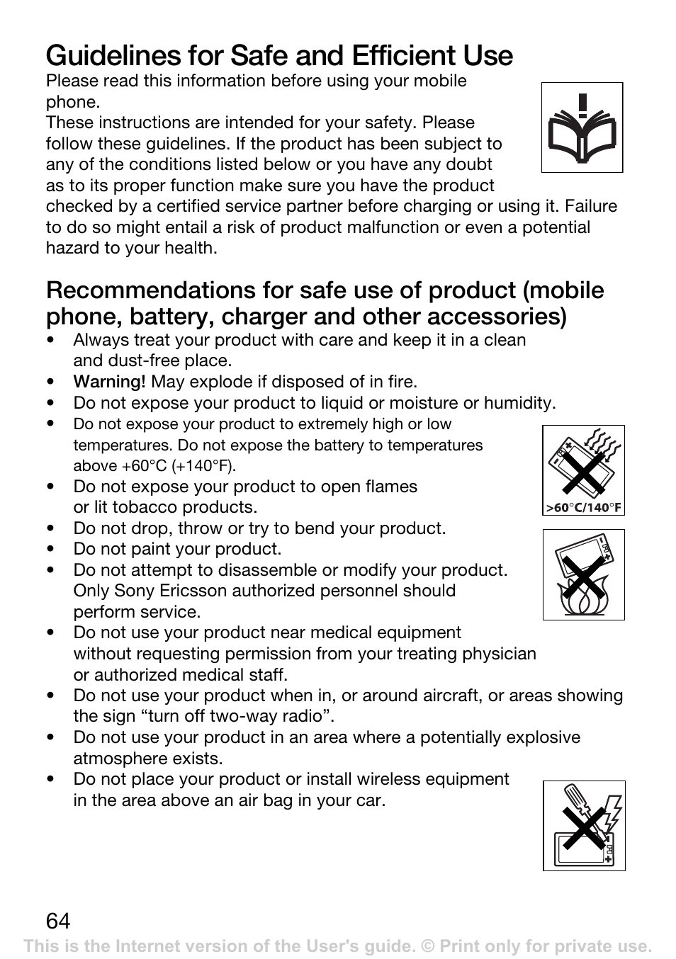 Guidelines for safe and efficient use | Sony Ericsson K200i User Manual | Page 64 / 77