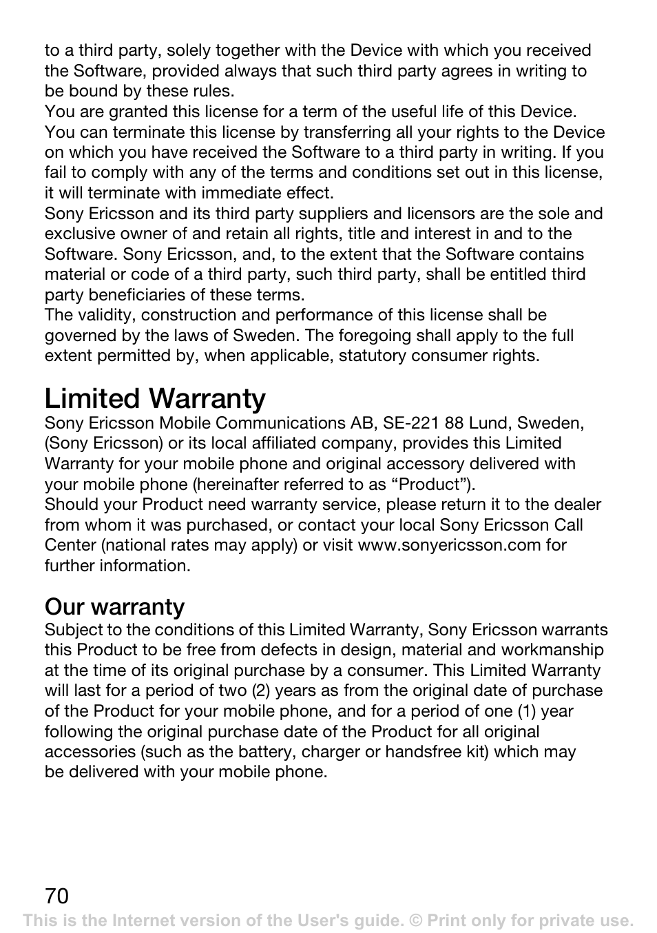 Limited warranty | Sony Ericsson K200i User Manual | Page 70 / 77