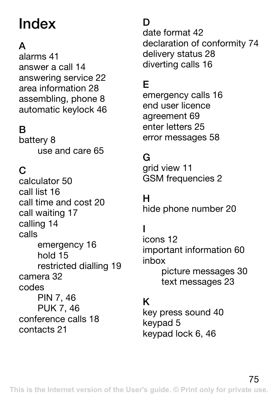 Index | Sony Ericsson K200i User Manual | Page 75 / 77