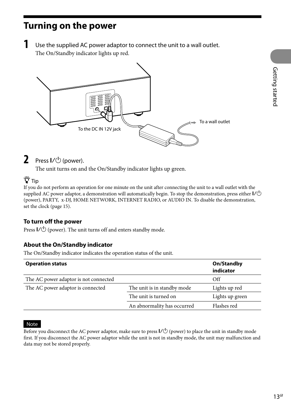 Turning on the power | Sony Ericsson NAS-C5E User Manual | Page 13 / 52