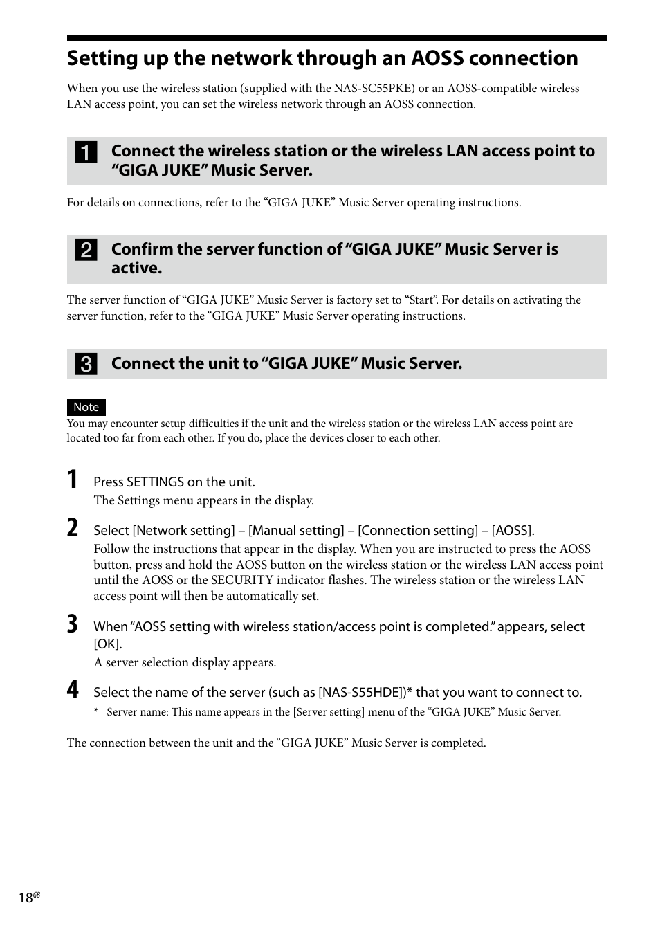 Setting up the network through an aoss connection, Setting up the network through an aoss, Connection | Sony Ericsson NAS-C5E User Manual | Page 18 / 52