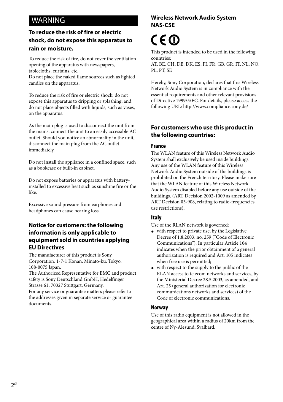 Warning | Sony Ericsson NAS-C5E User Manual | Page 2 / 52