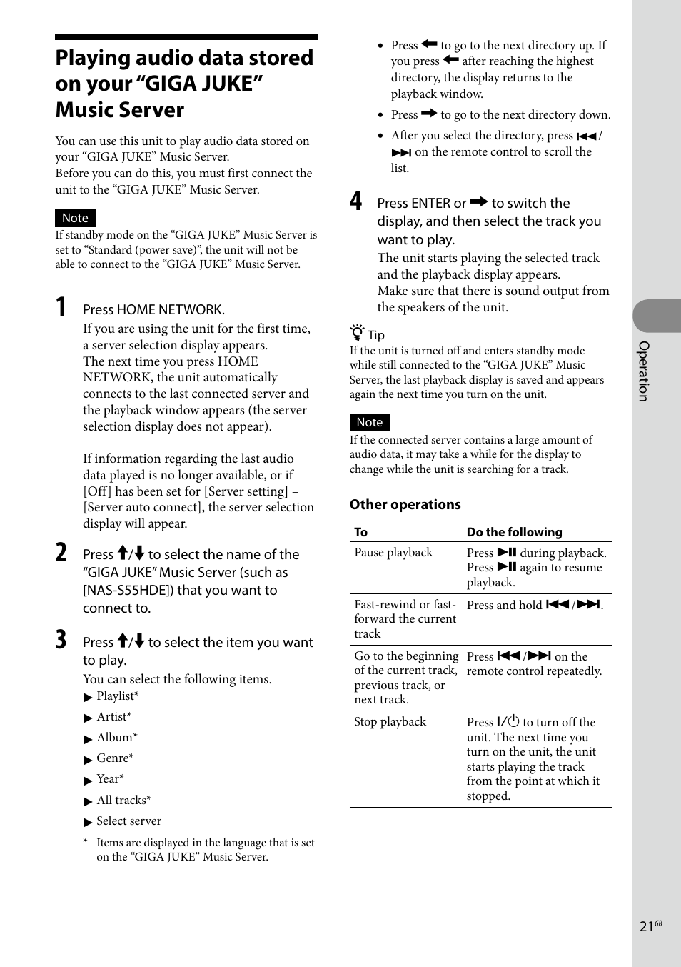 Operation, Playing audio data stored on your “giga, Juke” music server | Sony Ericsson NAS-C5E User Manual | Page 21 / 52