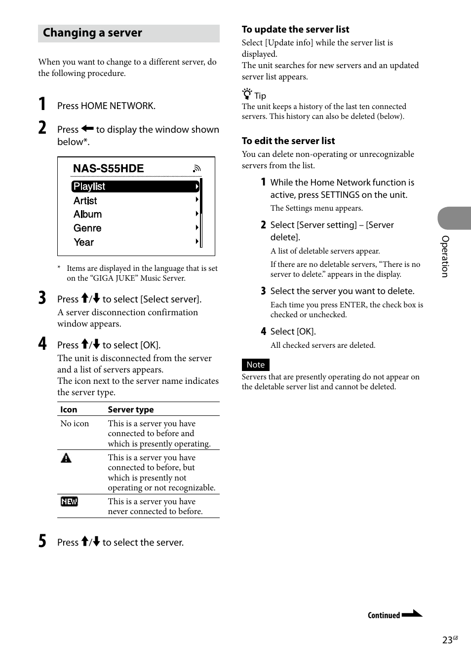 Changing a server | Sony Ericsson NAS-C5E User Manual | Page 23 / 52