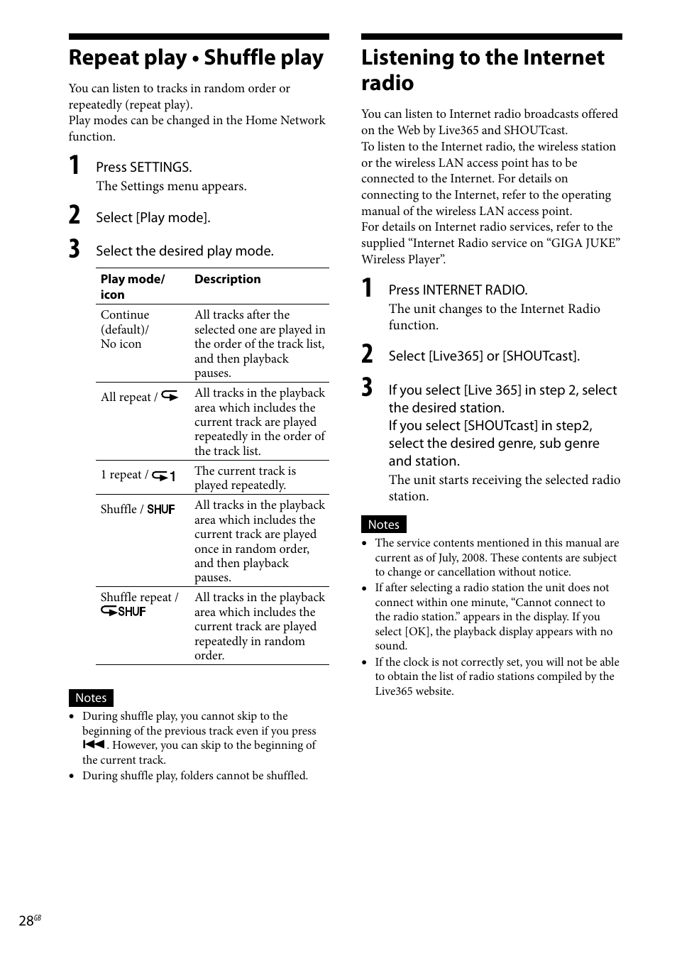 Repeat play • shuffle play, Listening to the internet radio | Sony Ericsson NAS-C5E User Manual | Page 28 / 52