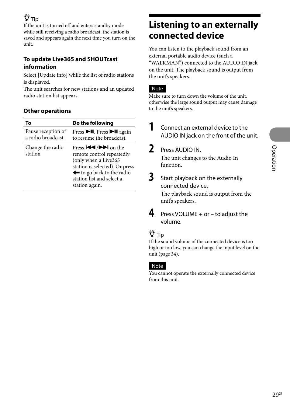 Listening to an externally connected device, Listening to an externally connected, Device | Sony Ericsson NAS-C5E User Manual | Page 29 / 52