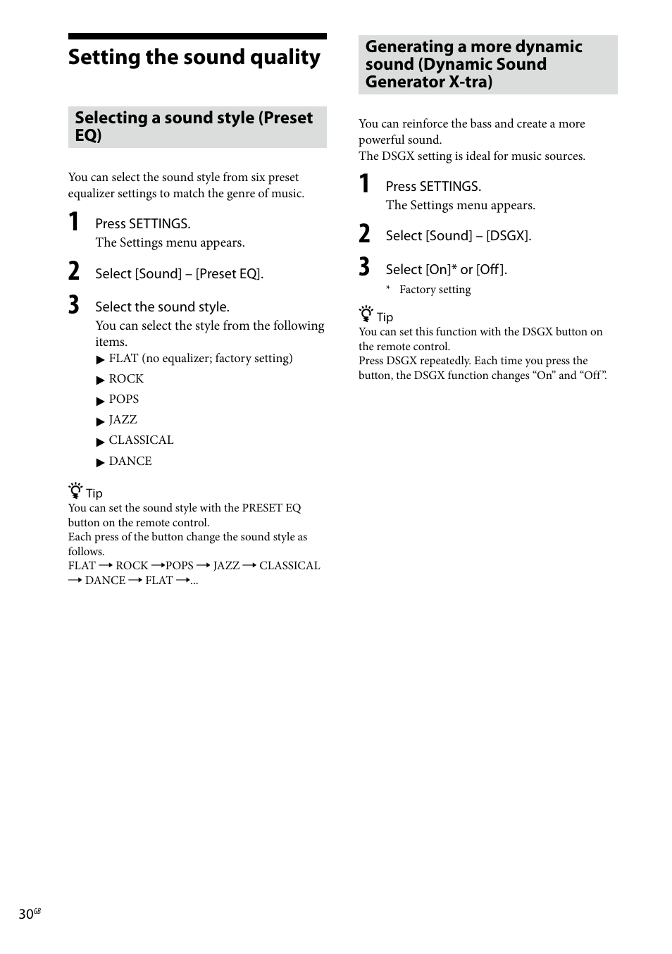 Setting the sound quality, Selecting a sound style (preset eq), Dynamic sound generator x-tra) | Sony Ericsson NAS-C5E User Manual | Page 30 / 52