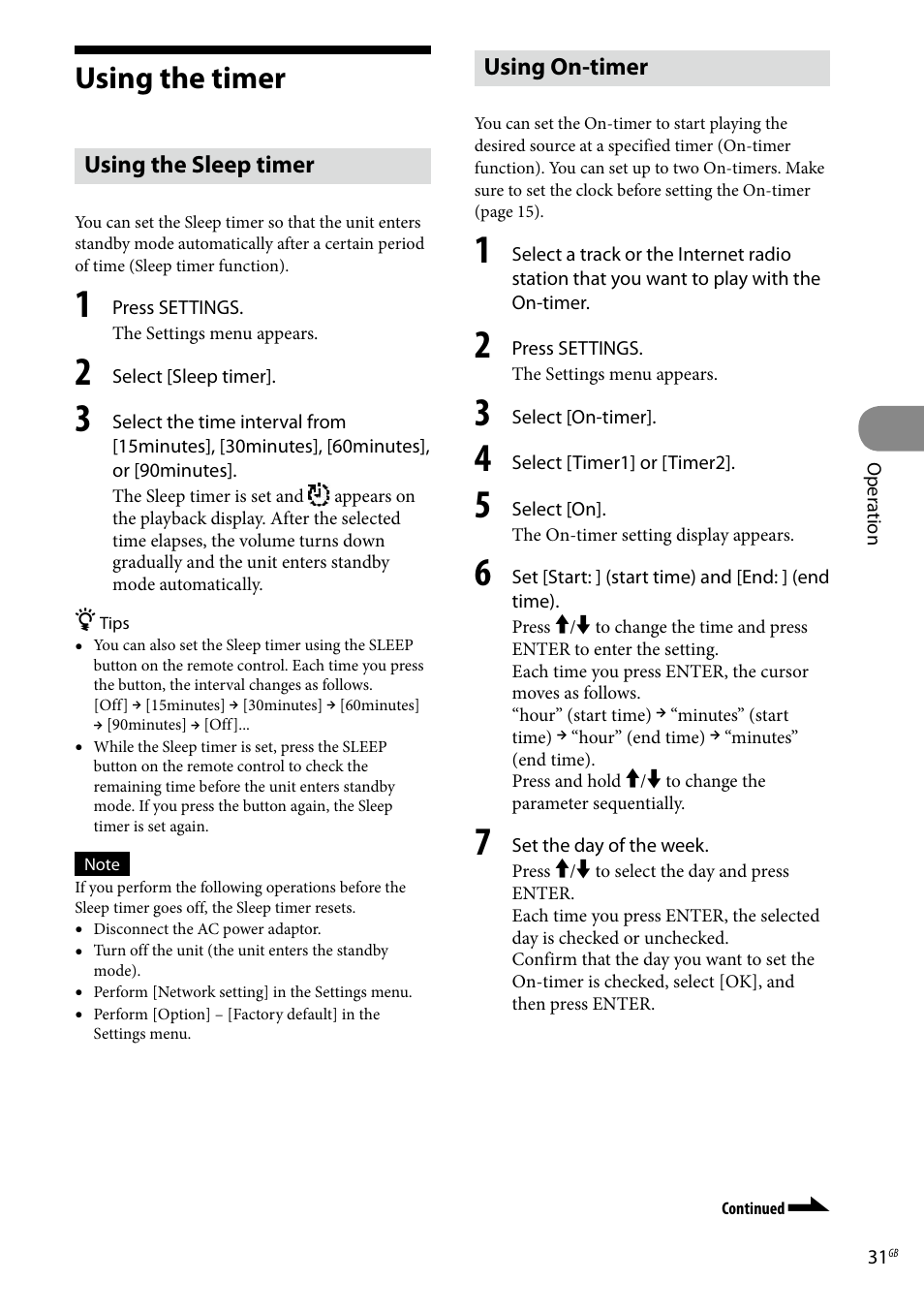 Using the timer, Using the sleep timer, Using on-timer | Using the sleep timer using on-timer | Sony Ericsson NAS-C5E User Manual | Page 31 / 52