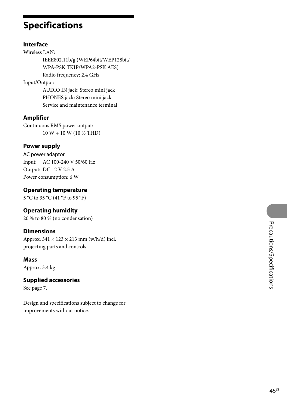 Specifications | Sony Ericsson NAS-C5E User Manual | Page 45 / 52