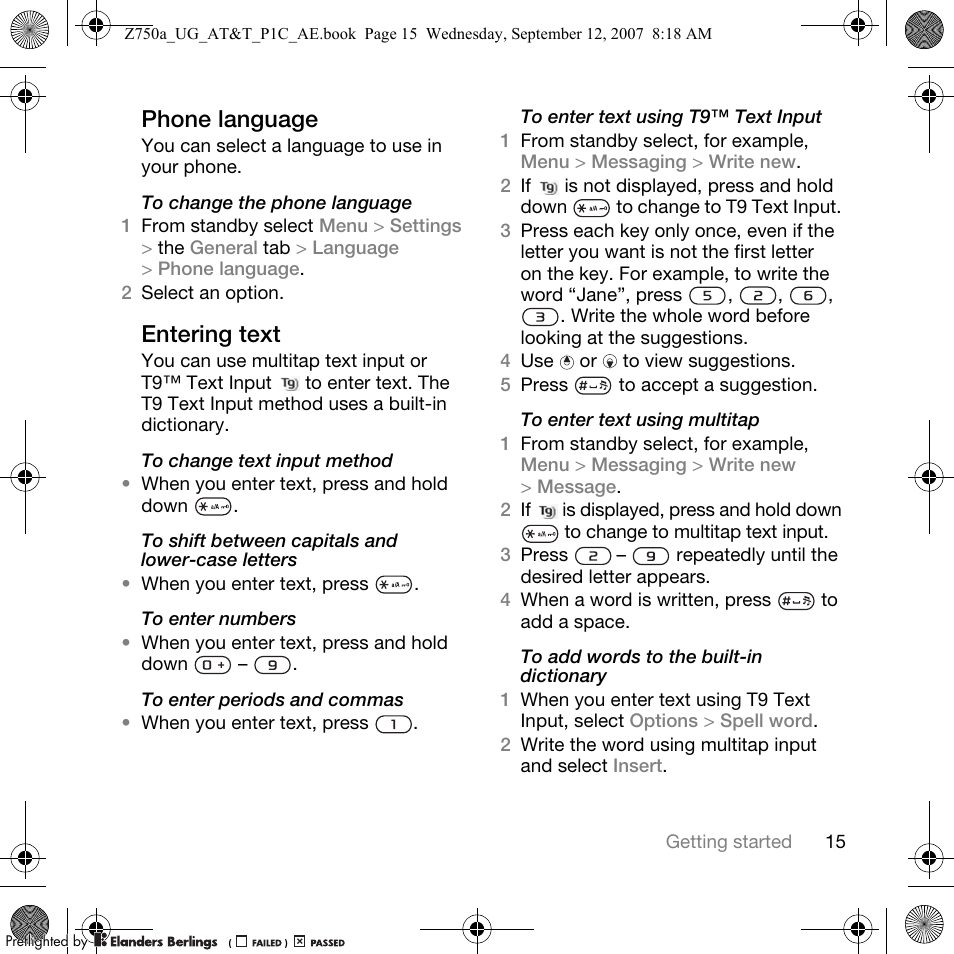 Phone language, Entering text | Sony Ericsson Z750a User Manual | Page 17 / 152