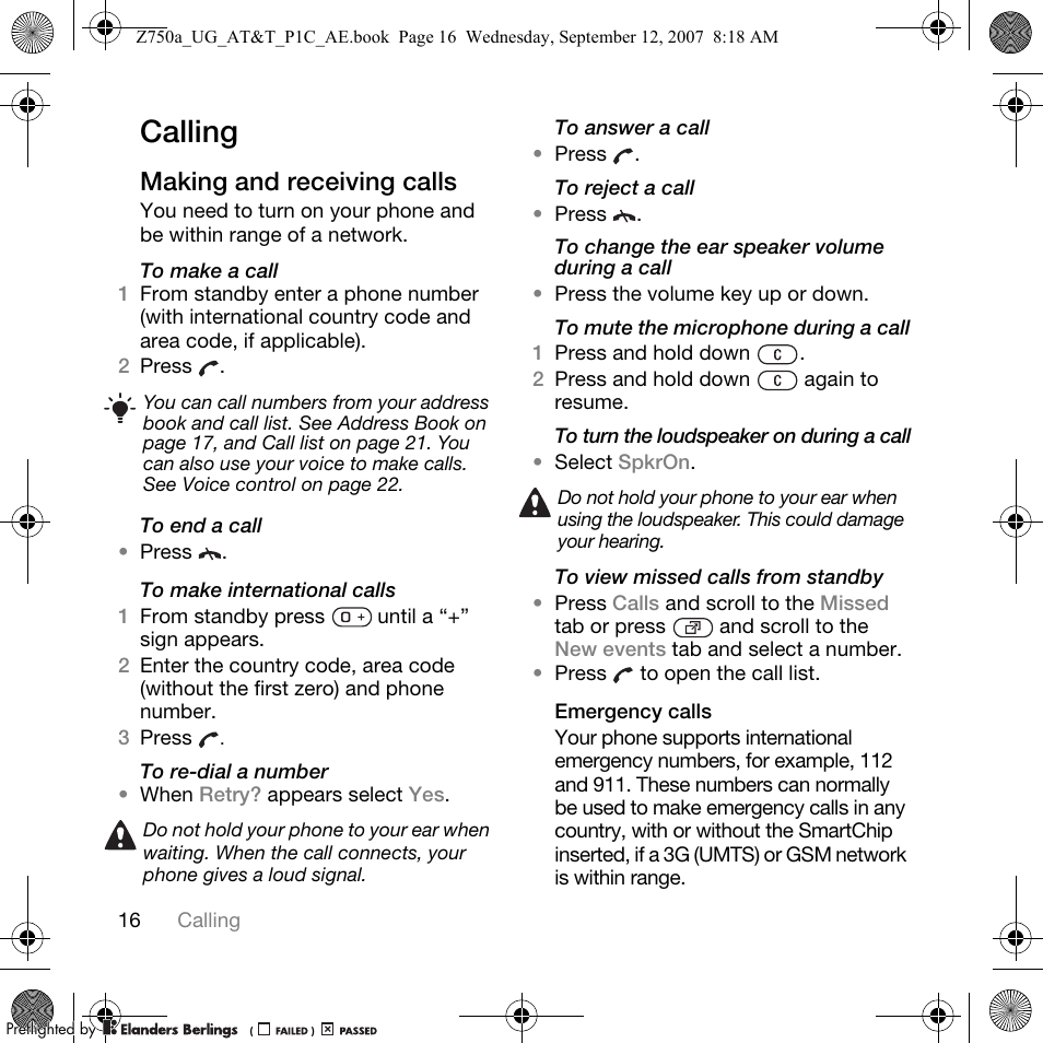 Calling, Making and receiving calls | Sony Ericsson Z750a User Manual | Page 18 / 152