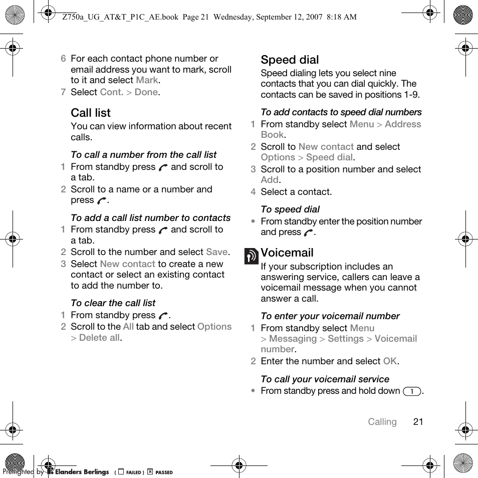 Call list, Speed dial, Voicemail | Sony Ericsson Z750a User Manual | Page 23 / 152