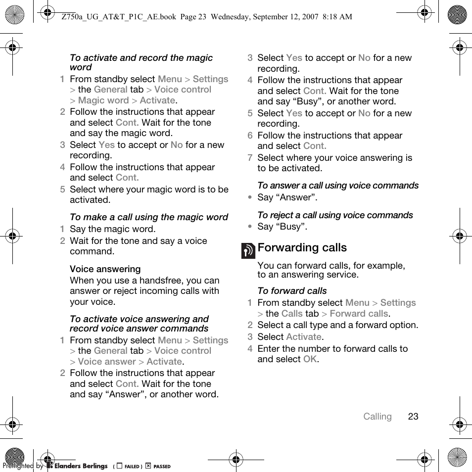 Forwarding calls | Sony Ericsson Z750a User Manual | Page 25 / 152