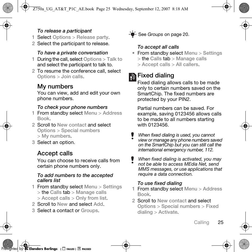 My numbers, Accept calls, Fixed dialing | Sony Ericsson Z750a User Manual | Page 27 / 152