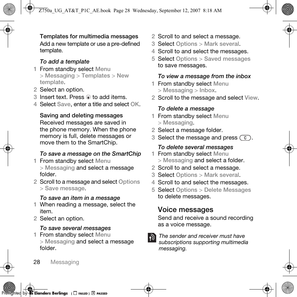 Voice messages | Sony Ericsson Z750a User Manual | Page 30 / 152