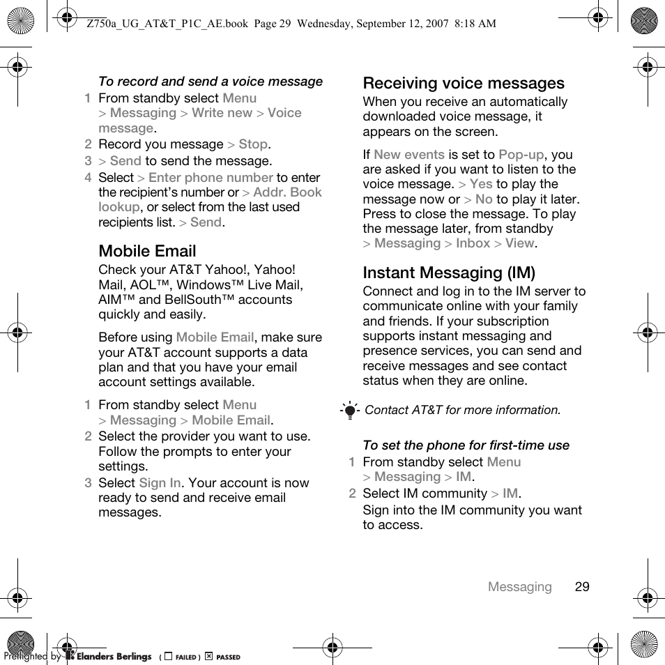 Mobile email, Receiving voice messages, Instant messaging (im) | Sony Ericsson Z750a User Manual | Page 31 / 152