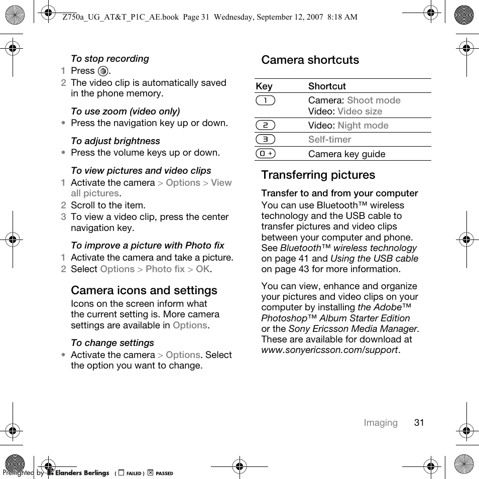 Camera icons and settings, Camera shortcuts transferring pictures | Sony Ericsson Z750a User Manual | Page 33 / 152