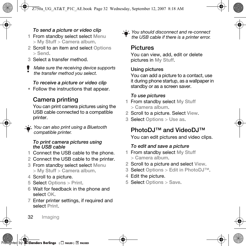 Camera printing, Pictures, Photodj™ and videodj | Sony Ericsson Z750a User Manual | Page 34 / 152