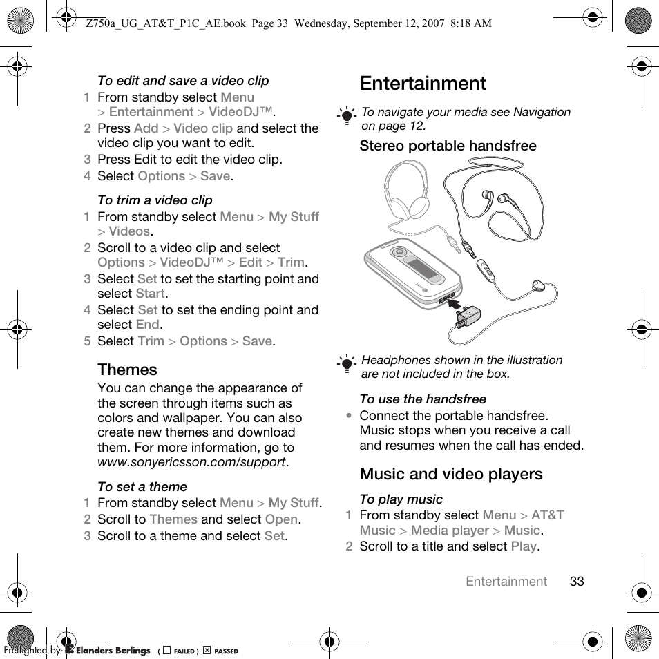 Entertainment, Themes, Music and video players | Sony Ericsson Z750a User Manual | Page 35 / 152