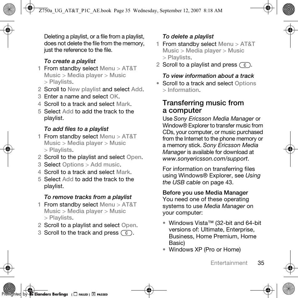 Transferring music from a computer | Sony Ericsson Z750a User Manual | Page 37 / 152