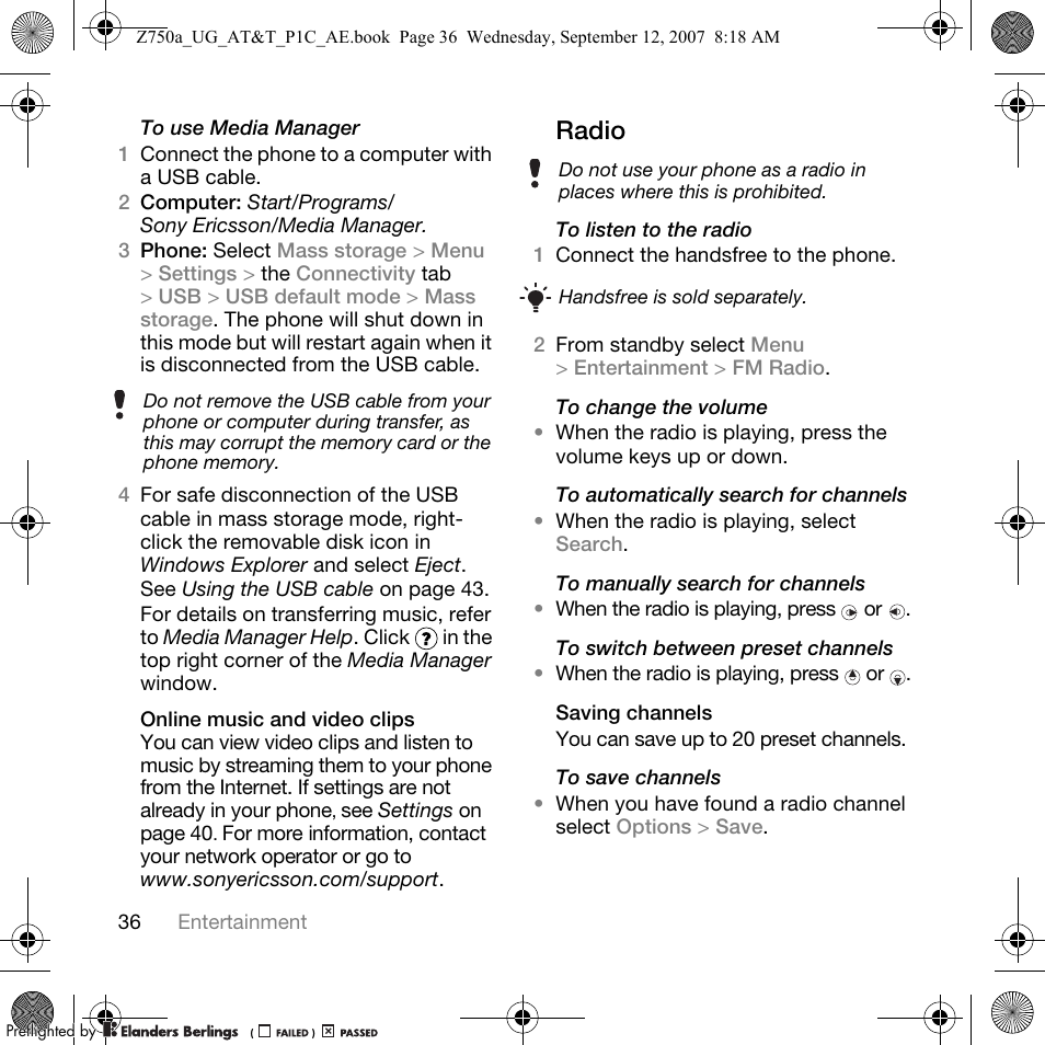 Radio | Sony Ericsson Z750a User Manual | Page 38 / 152
