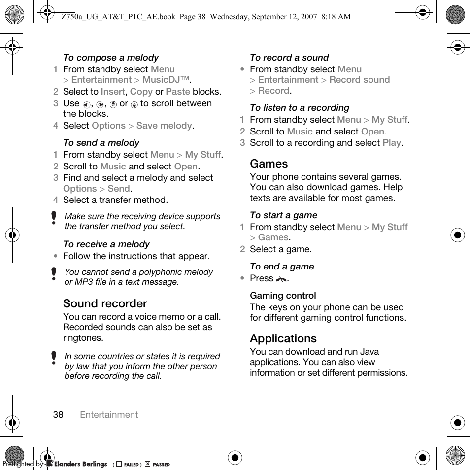 Sound recorder, Games, Applications | Sony Ericsson Z750a User Manual | Page 40 / 152