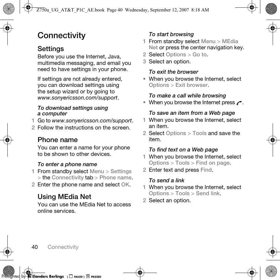 Connectivity, Settings, Phone name | Using media net | Sony Ericsson Z750a User Manual | Page 42 / 152