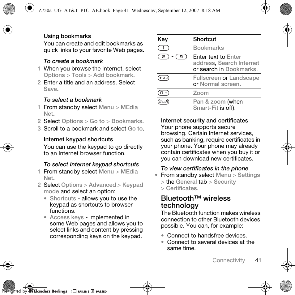 Bluetooth™ wireless technology | Sony Ericsson Z750a User Manual | Page 43 / 152