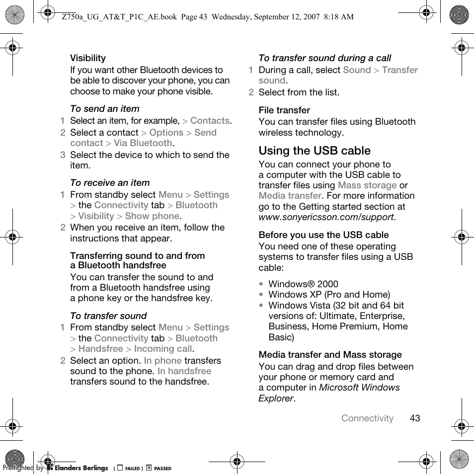 Using the usb cable | Sony Ericsson Z750a User Manual | Page 45 / 152