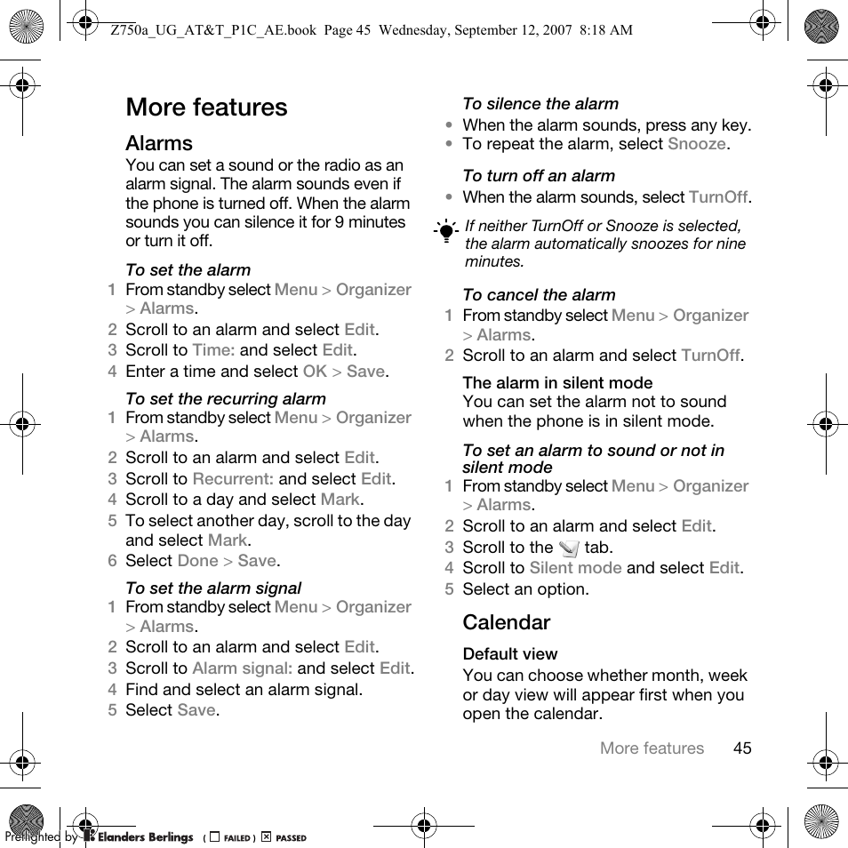 More features, Alarms, Calendar | Sony Ericsson Z750a User Manual | Page 47 / 152