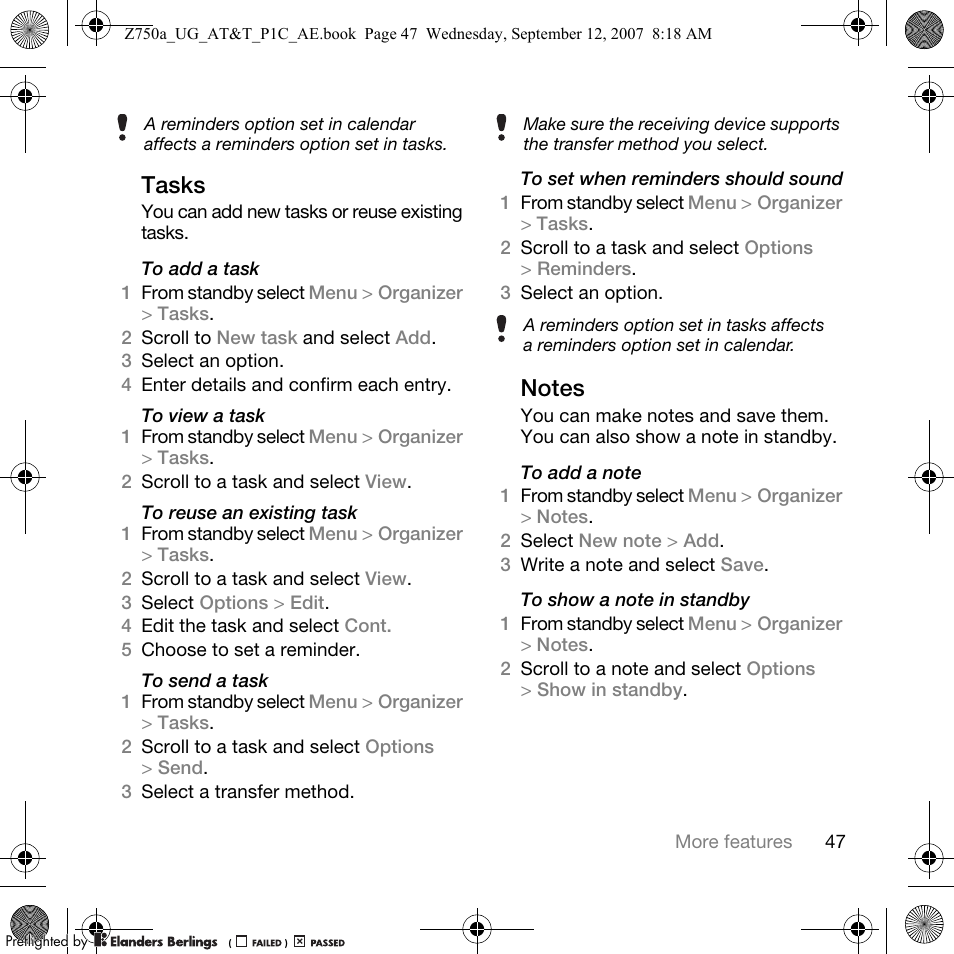 Tasks | Sony Ericsson Z750a User Manual | Page 49 / 152