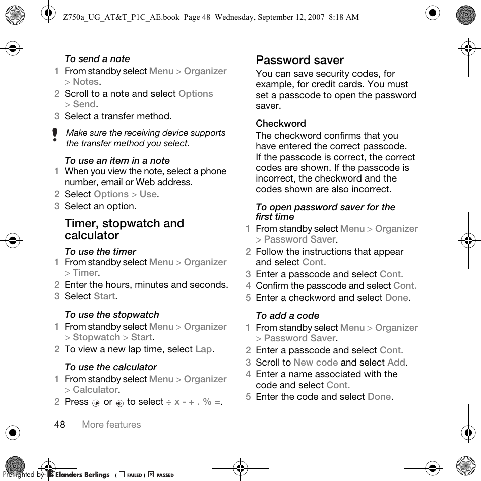 Timer, stopwatch and calculator, Password saver | Sony Ericsson Z750a User Manual | Page 50 / 152