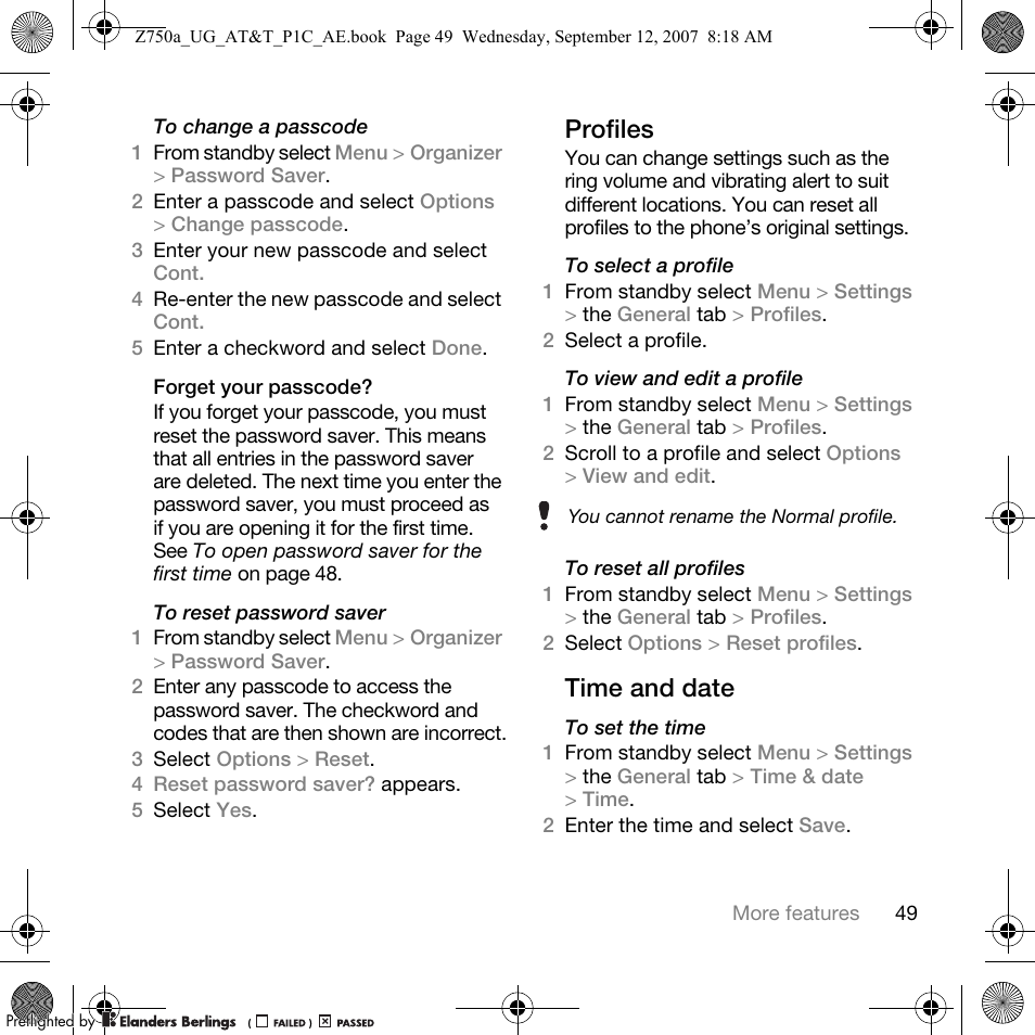 Profiles, Time and date | Sony Ericsson Z750a User Manual | Page 51 / 152