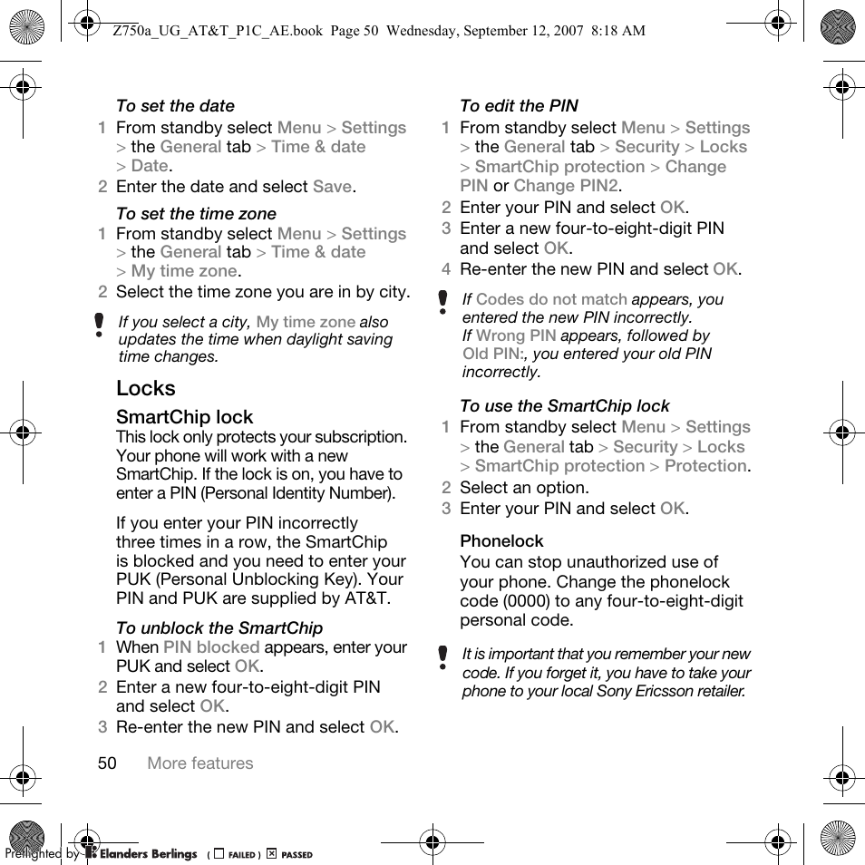 Locks, Smartchip lock | Sony Ericsson Z750a User Manual | Page 52 / 152