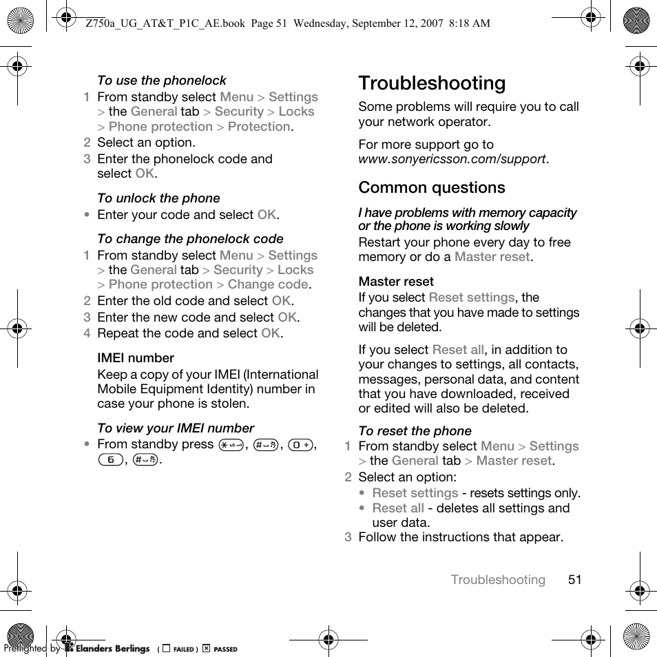 Troubleshooting, Common questions | Sony Ericsson Z750a User Manual | Page 53 / 152