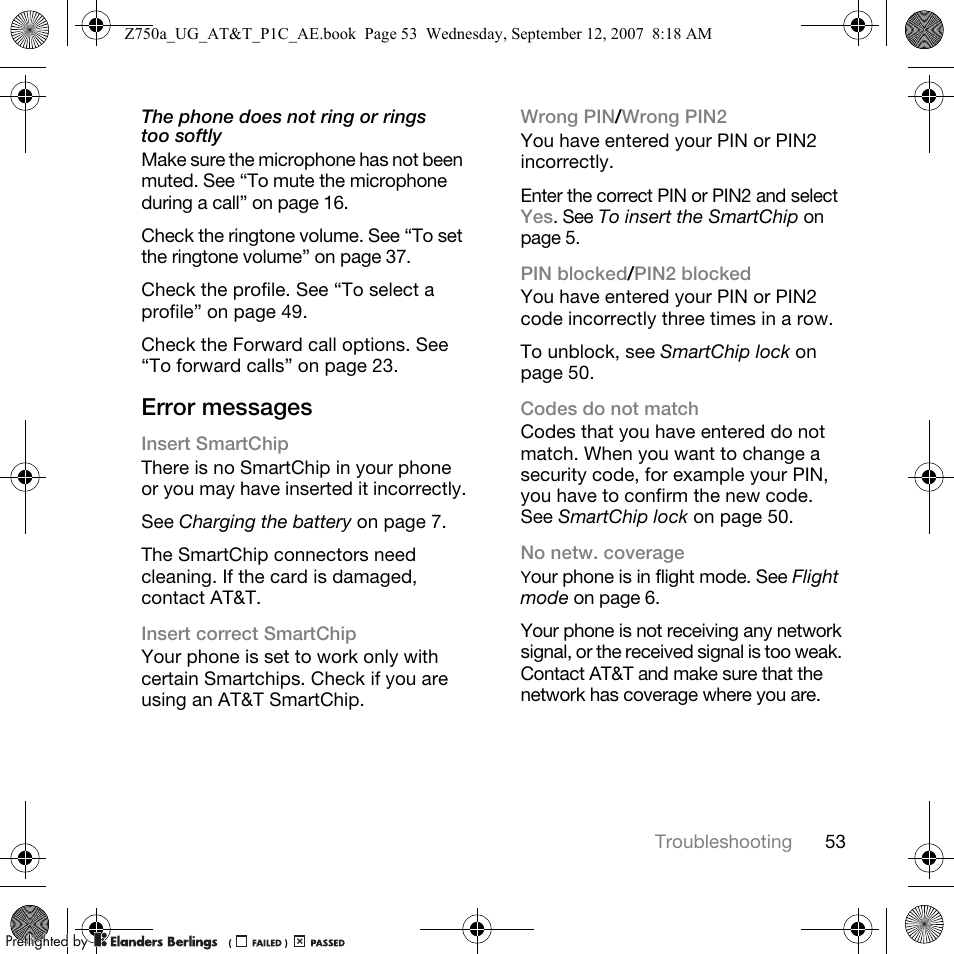 Error messages | Sony Ericsson Z750a User Manual | Page 55 / 152