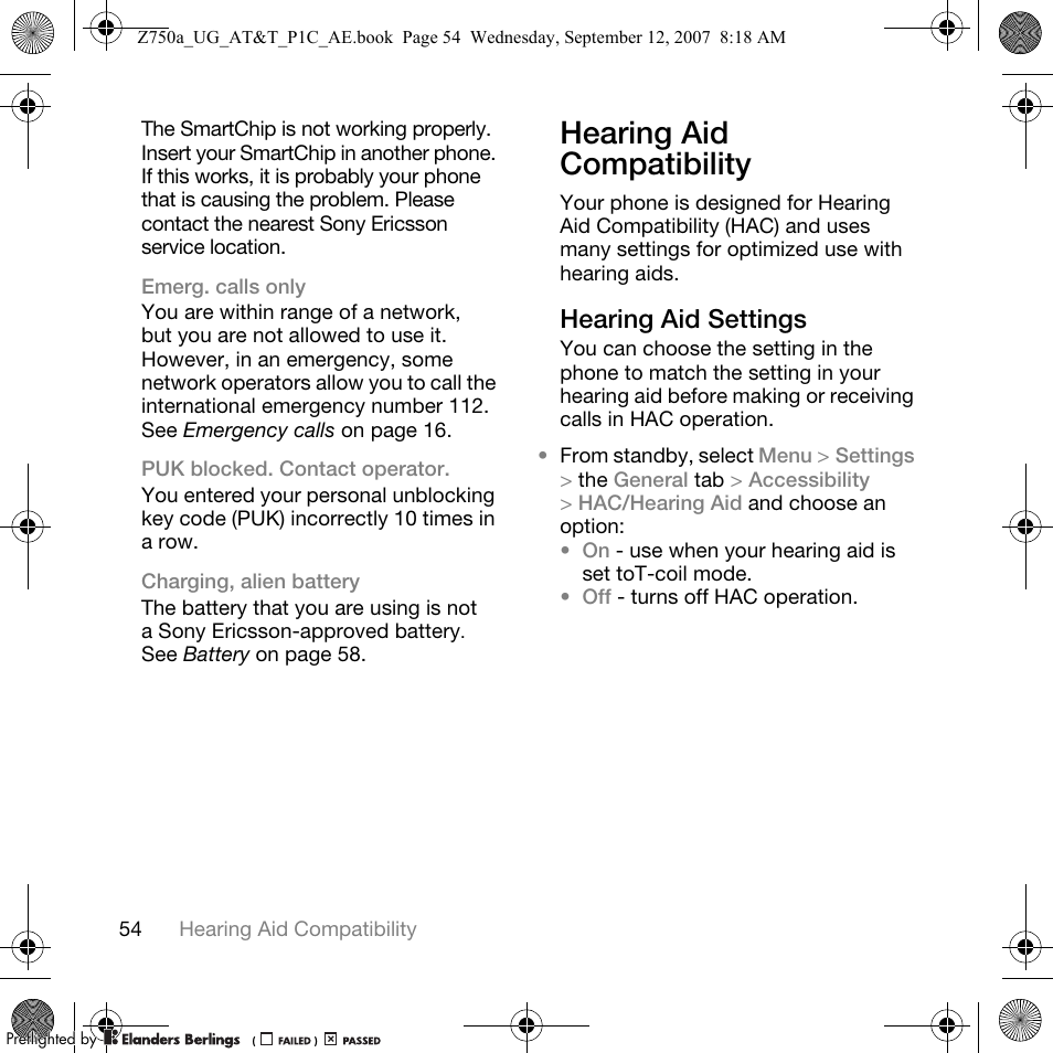 Hearing aid compatibility, Hearing aid settings | Sony Ericsson Z750a User Manual | Page 56 / 152