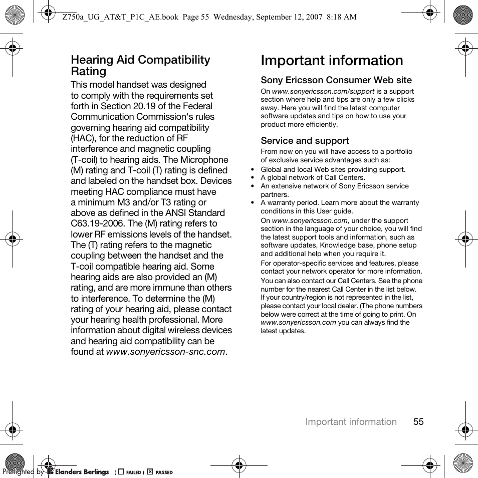 Important information, Hearing aid compatibility rating | Sony Ericsson Z750a User Manual | Page 57 / 152