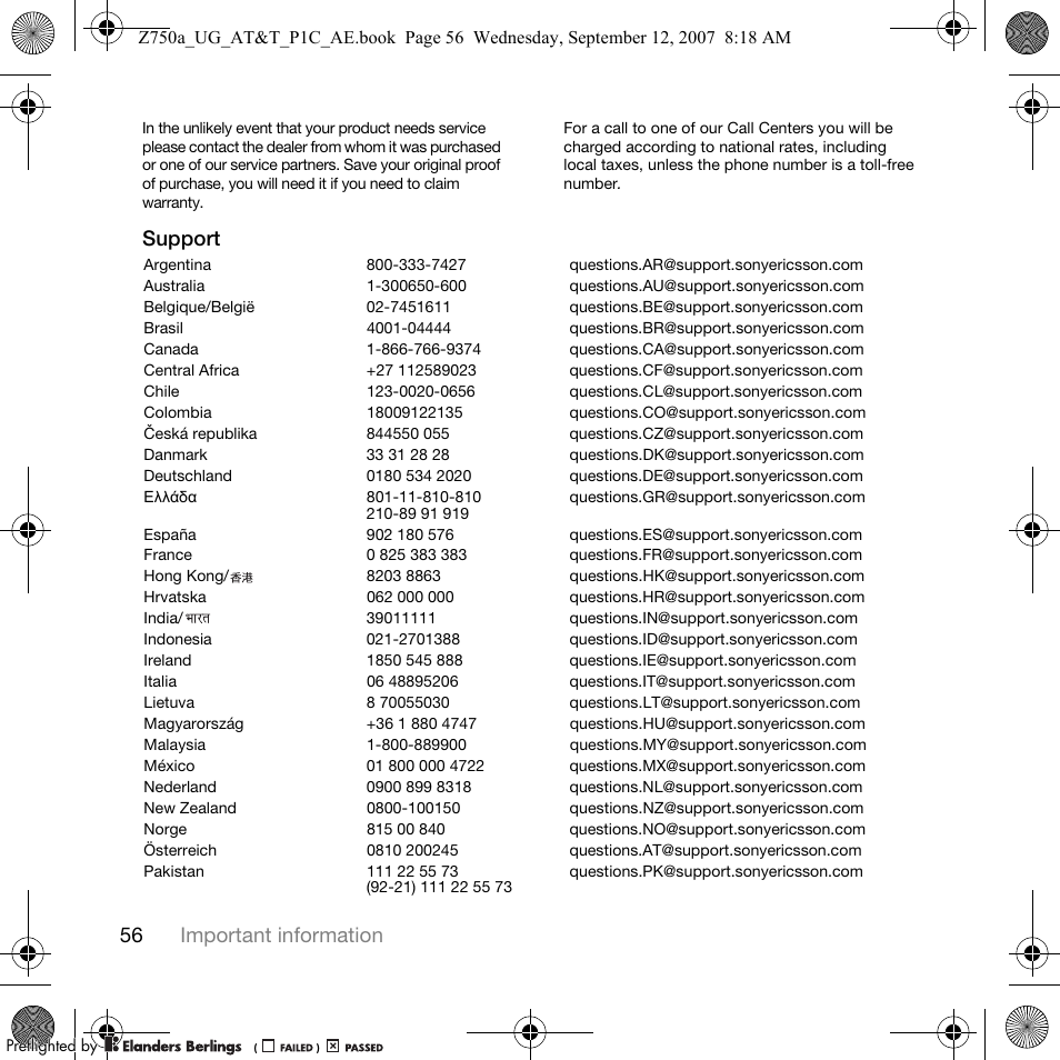 56 important information, Support | Sony Ericsson Z750a User Manual | Page 58 / 152