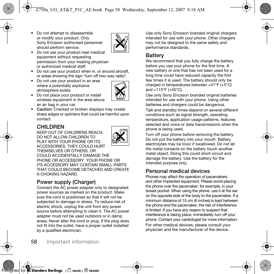 58 important information, Children, Power supply (charger) | Battery, Personal medical devices | Sony Ericsson Z750a User Manual | Page 60 / 152