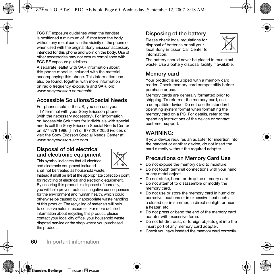 60 important information, Accessible solutions/special needs, Disposing of the battery | Warning | Sony Ericsson Z750a User Manual | Page 62 / 152