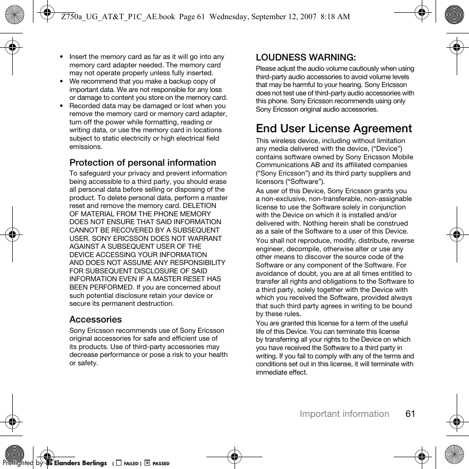 End user license agreement | Sony Ericsson Z750a User Manual | Page 63 / 152
