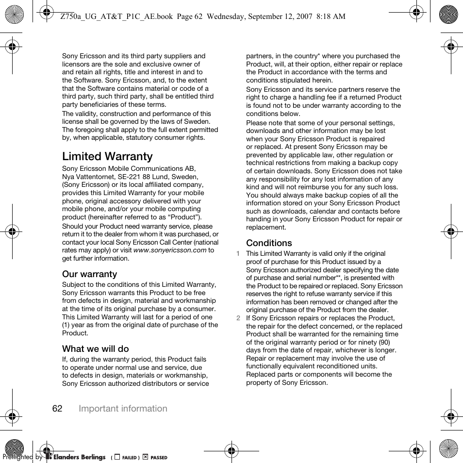 Limited warranty | Sony Ericsson Z750a User Manual | Page 64 / 152